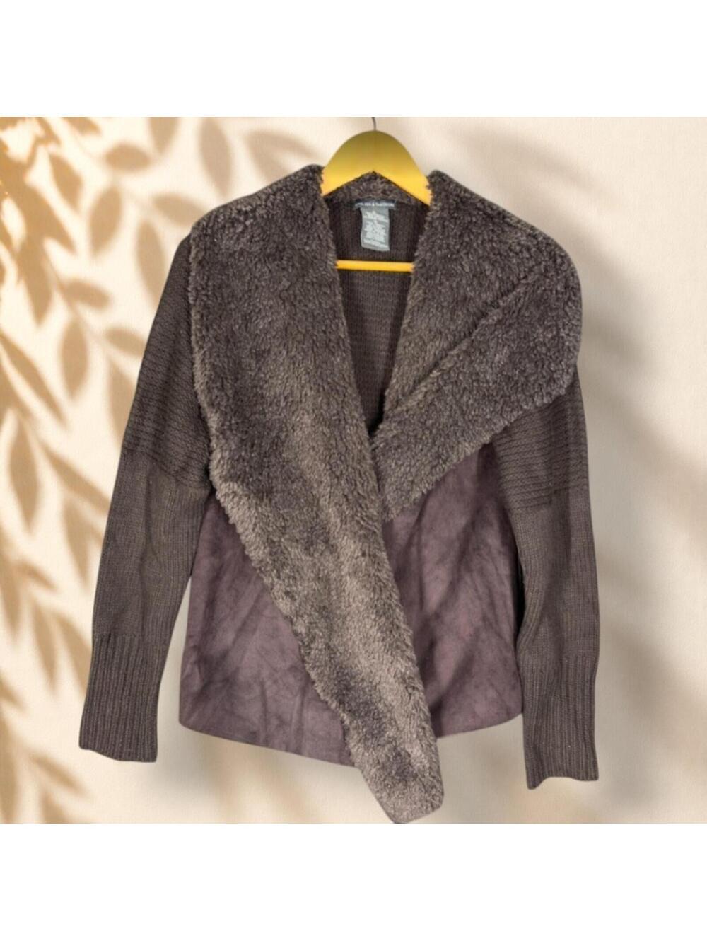 Chelsea & Theodore Cardigan Women XL Brown Knit Collared Long Sleeve Open Front